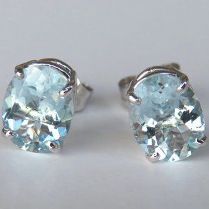 Natural Blue Aquamarine In Solid 14K White Gold Stud Earrings